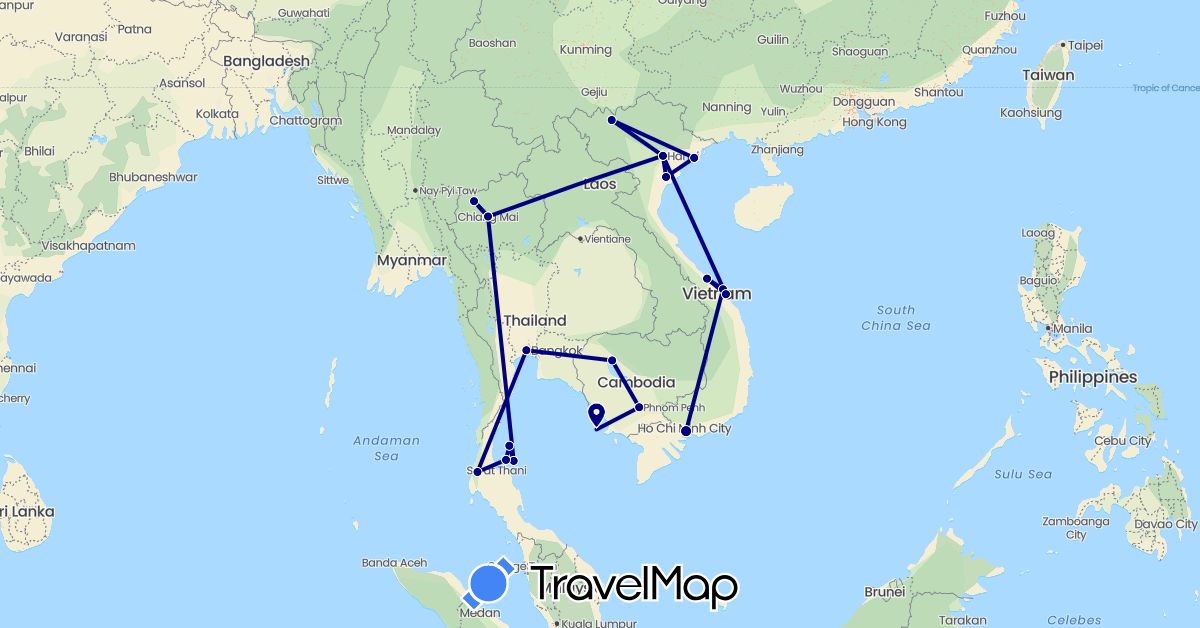 TravelMap itinerary: driving in Cambodia, Thailand, Vietnam (Asia)